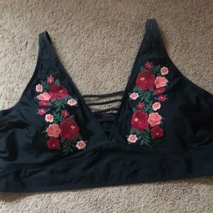 Torrid black swim top with embroidered flowers